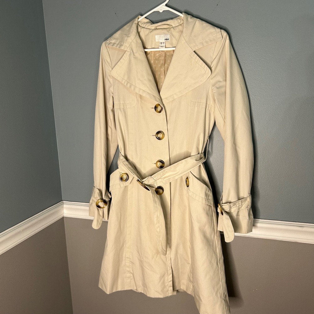 H&M Womens Beige Belted Trench Coat Polka Dot Lining Size 4 Mid-Length Jacket